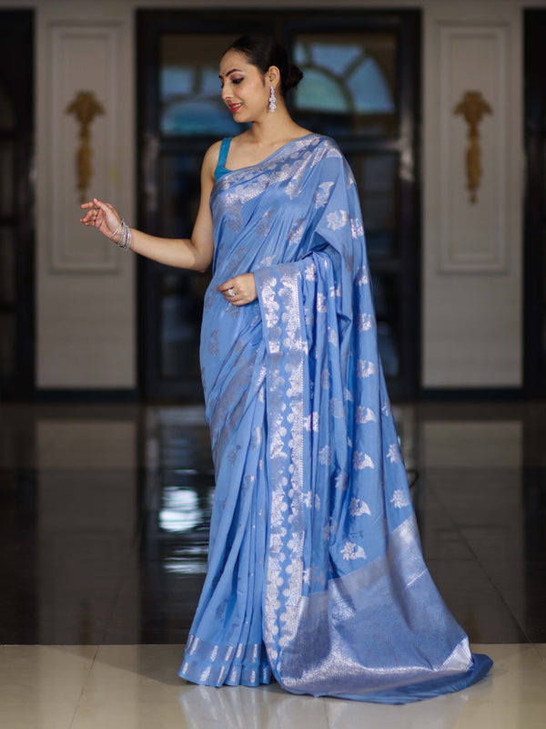 Banarasee Handloom Soft Silk Saree With Zari Buta Work & Border-Powder Blue