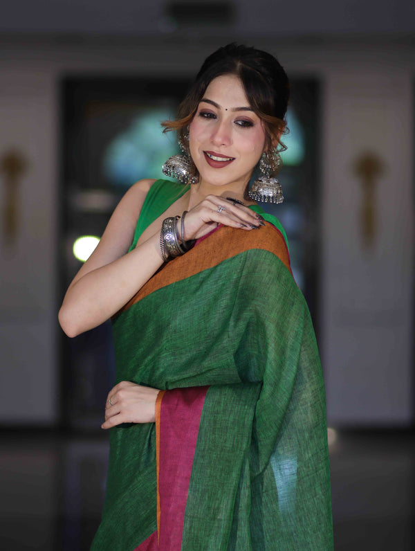 Bhagalpur Handloom Pure Linen Saree With Dual Tone Contrast Pallu-Green