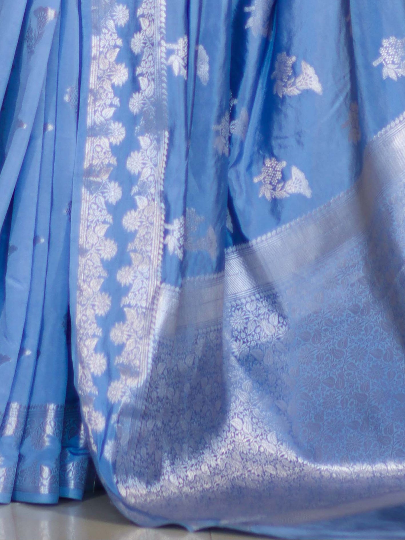 Banarasee Handloom Soft Silk Saree With Zari Buta Work & Border-Powder Blue