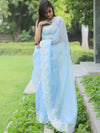 Banarasee Pure Organza Silk Saree With Floral Resham Embroidery-Pastel Blue