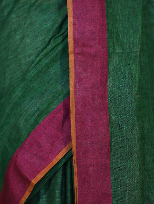 Bhagalpur Handloom Pure Linen Saree With Dual Tone Contrast Pallu-Green