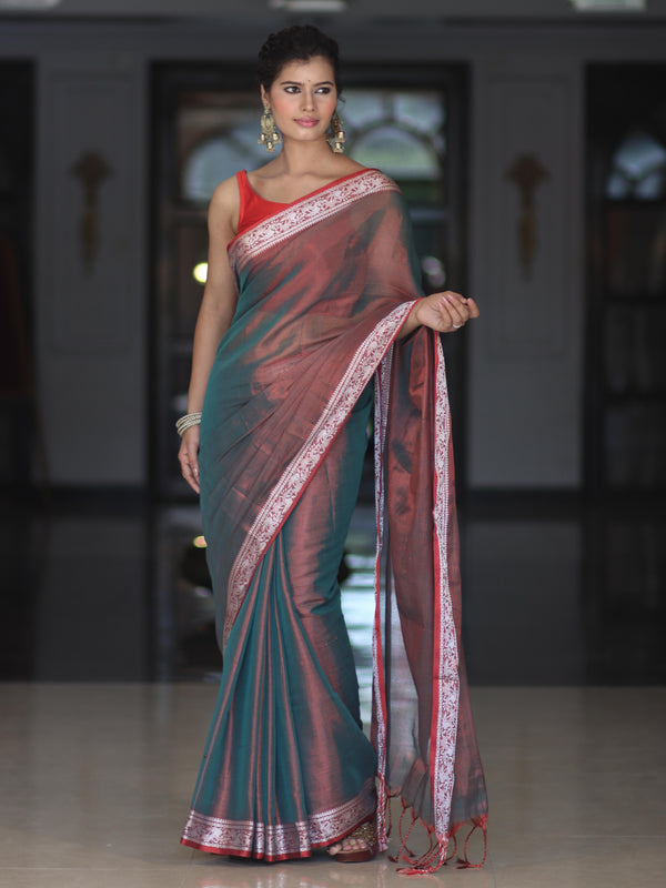Banarasee Dual Shaded Linen Tissue Saree With Floral Border-Green
