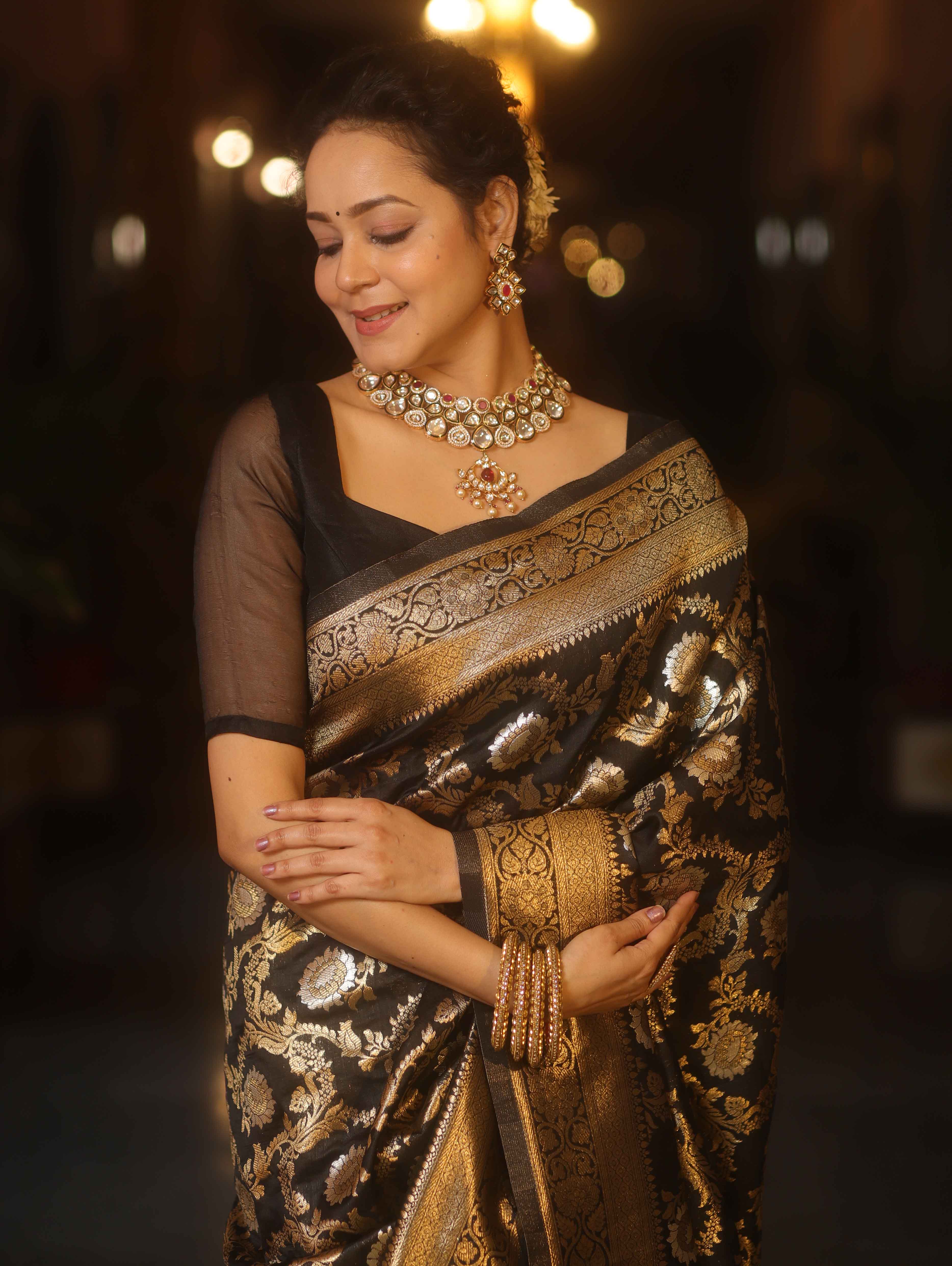 Banarasee Handwoven Semi Katan Saree With Sona Rupa Zari Jaal Design & Border-Black