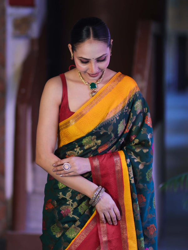 Banarasee Semi Chiffon Saree With Floral Jaal Work & Contrast Border-Green & Maroon