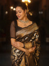 Banarasee Handwoven Semi Katan Saree With Sona Rupa Zari Jaal Design & Border-Black