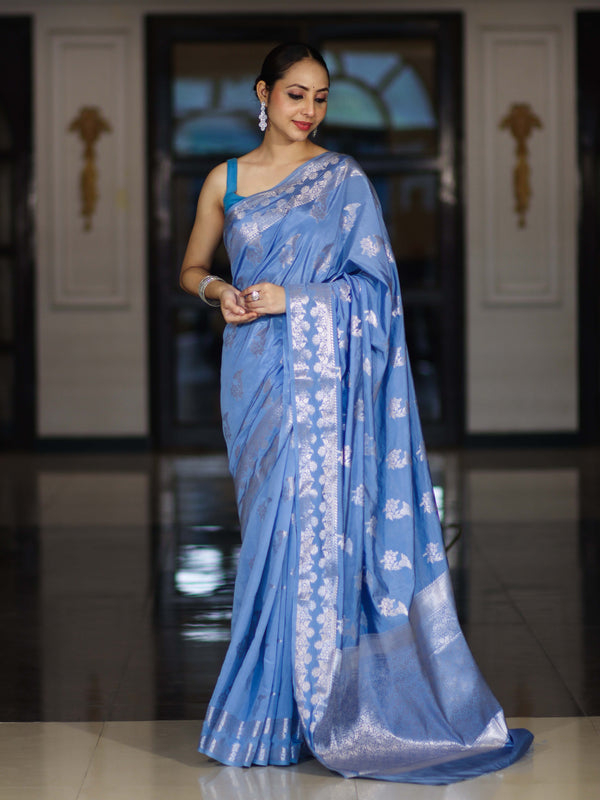 Banarasee Handloom Soft Silk Saree With Zari Buta Work & Border-Powder Blue