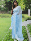 Banarasee Pure Organza Silk Saree With Floral Resham Embroidery-Pastel Blue