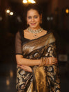 Banarasee Handwoven Semi Katan Saree With Sona Rupa Zari Jaal Design & Border-Black