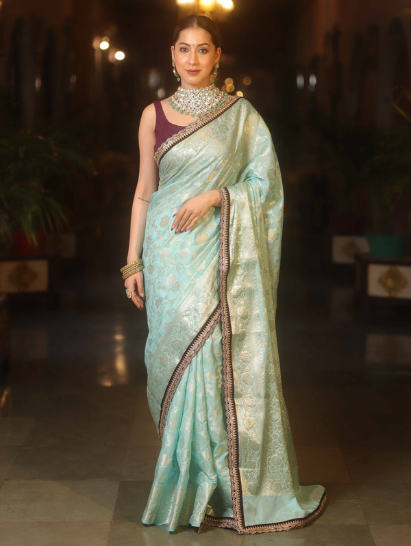 Banarasee Handwoven Georgette Saree Zari Jaal Design With Contrast Lace-Light Blue