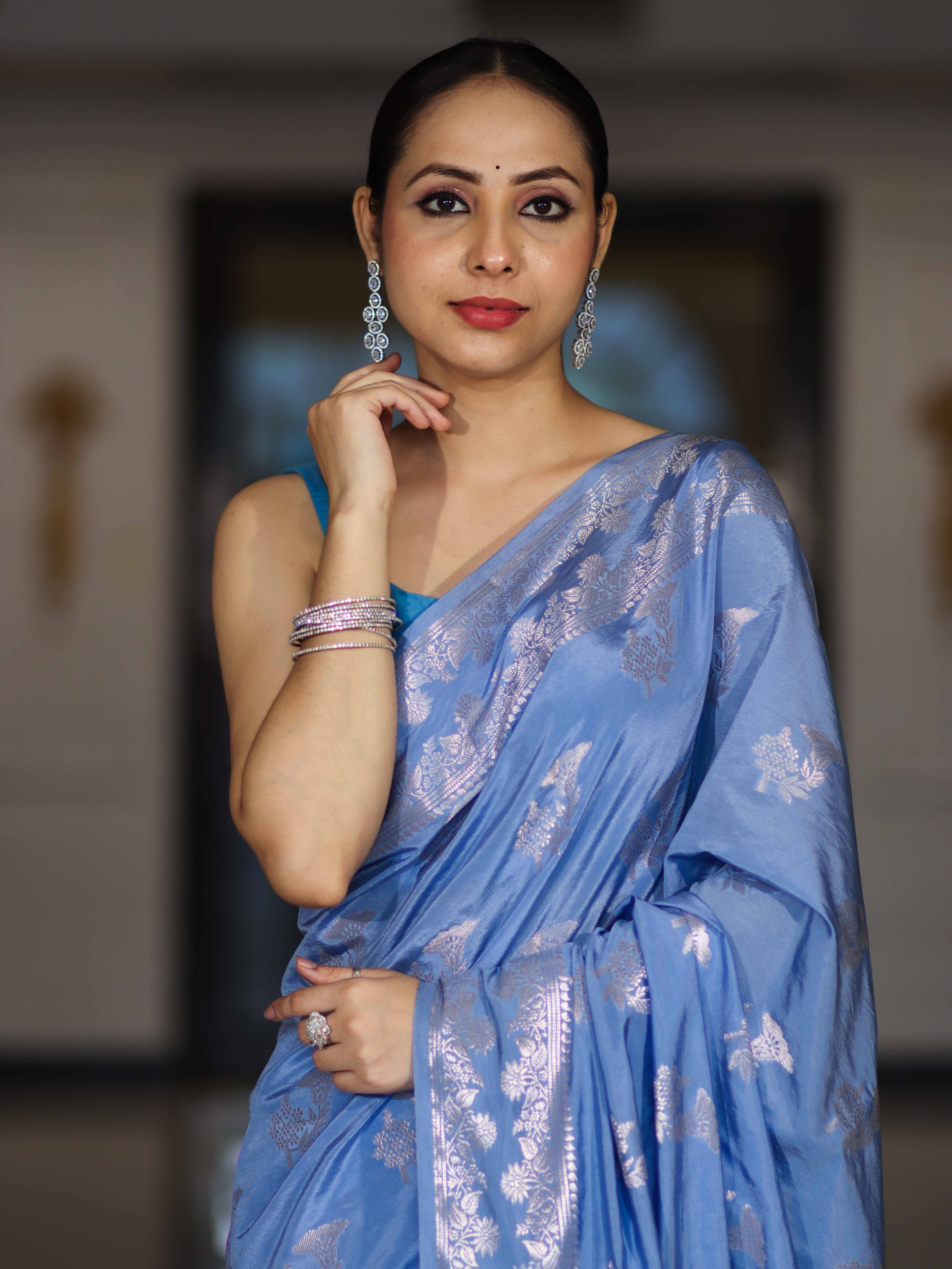 Banarasee Handloom Soft Silk Saree With Zari Buta Work & Border-Powder Blue
