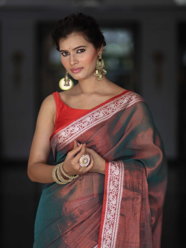 Banarasee Dual Shaded Linen Tissue Saree With Floral Border-Green