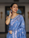 Banarasee Handloom Soft Silk Saree With Zari Buta Work & Border-Powder Blue