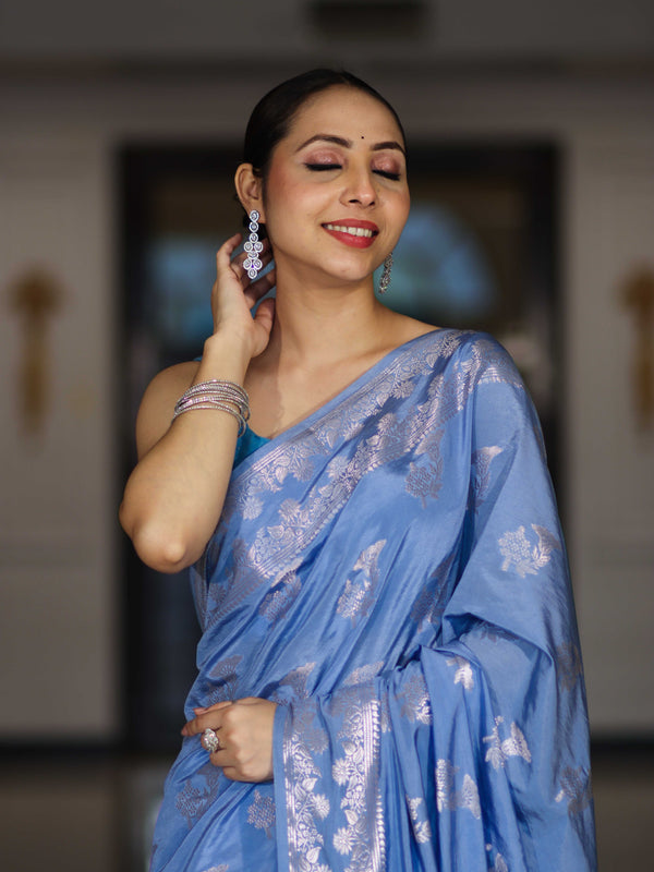 Banarasee Handloom Soft Silk Saree With Zari Buta Work & Border-Powder Blue
