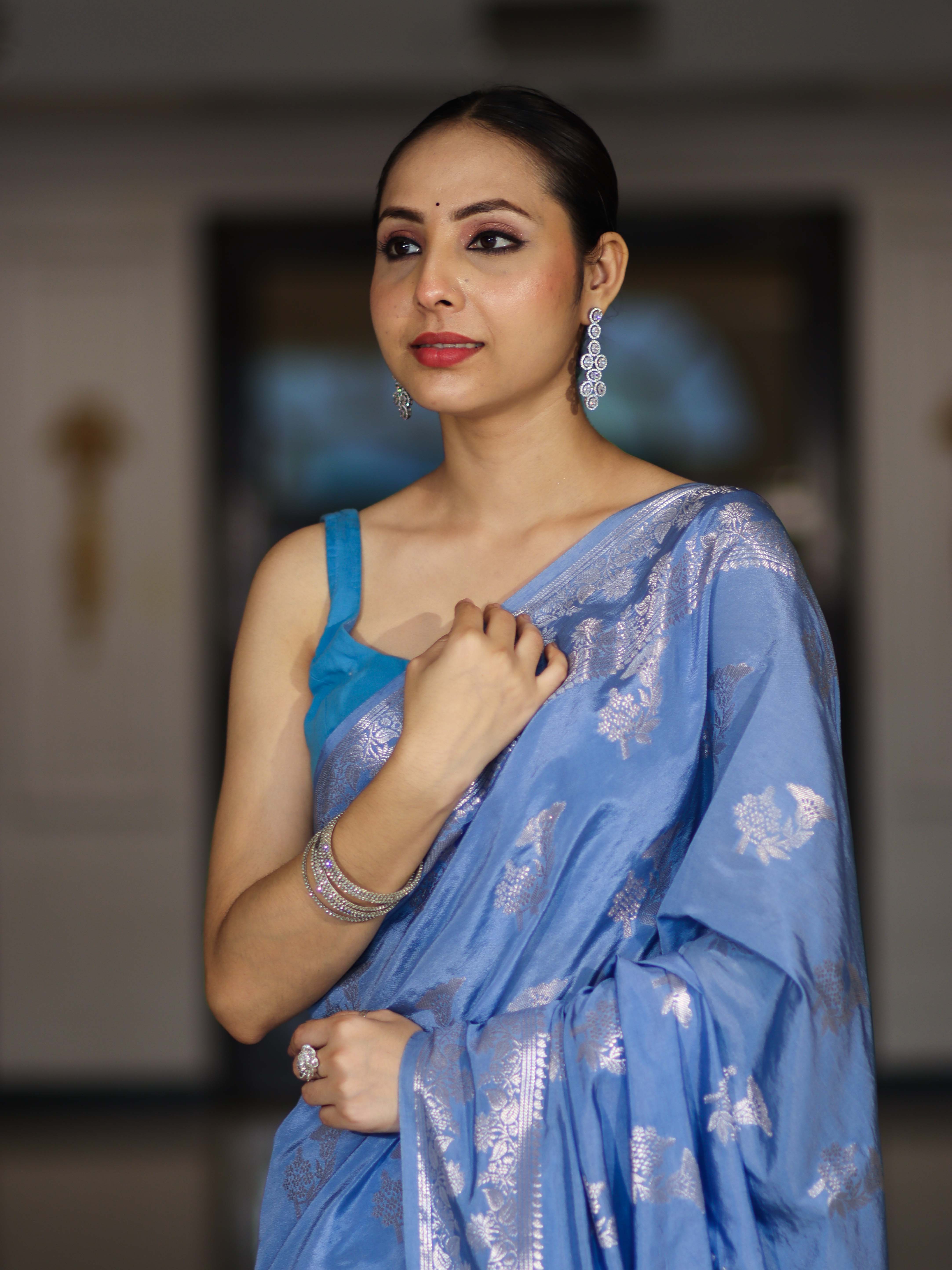 Banarasee Handloom Soft Silk Saree With Zari Buta Work & Border-Powder Blue