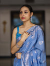 Banarasee Handloom Soft Silk Saree With Zari Buta Work & Border-Powder Blue