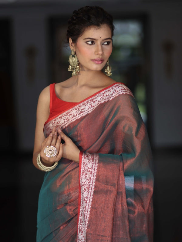 Banarasee Dual Shaded Linen Tissue Saree With Floral Border-Green