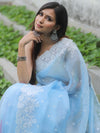 Banarasee Pure Organza Silk Saree With Floral Resham Embroidery-Pastel Blue