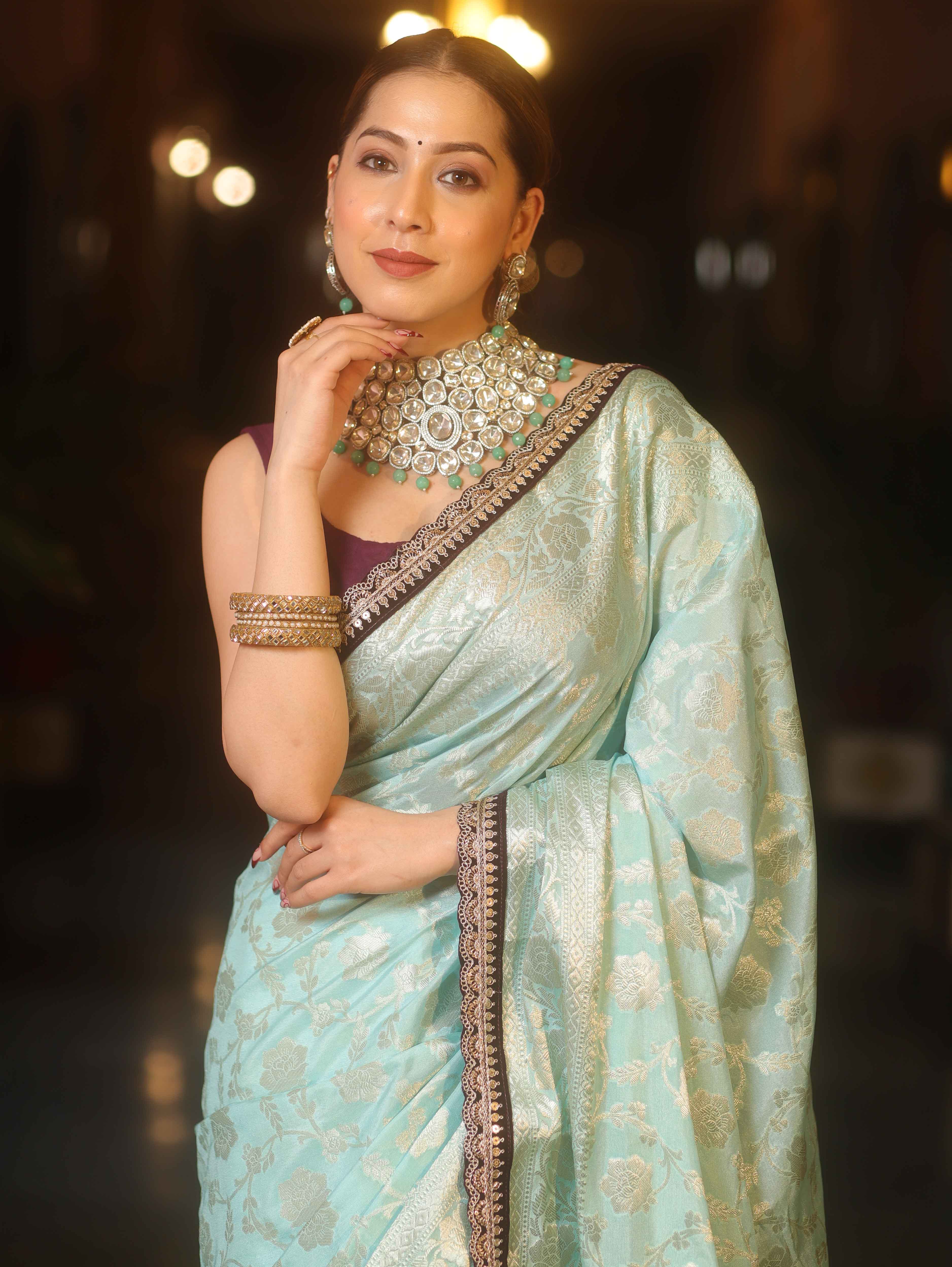 Banarasee Handwoven Georgette Saree Zari Jaal Design With Contrast Lace-Light Blue
