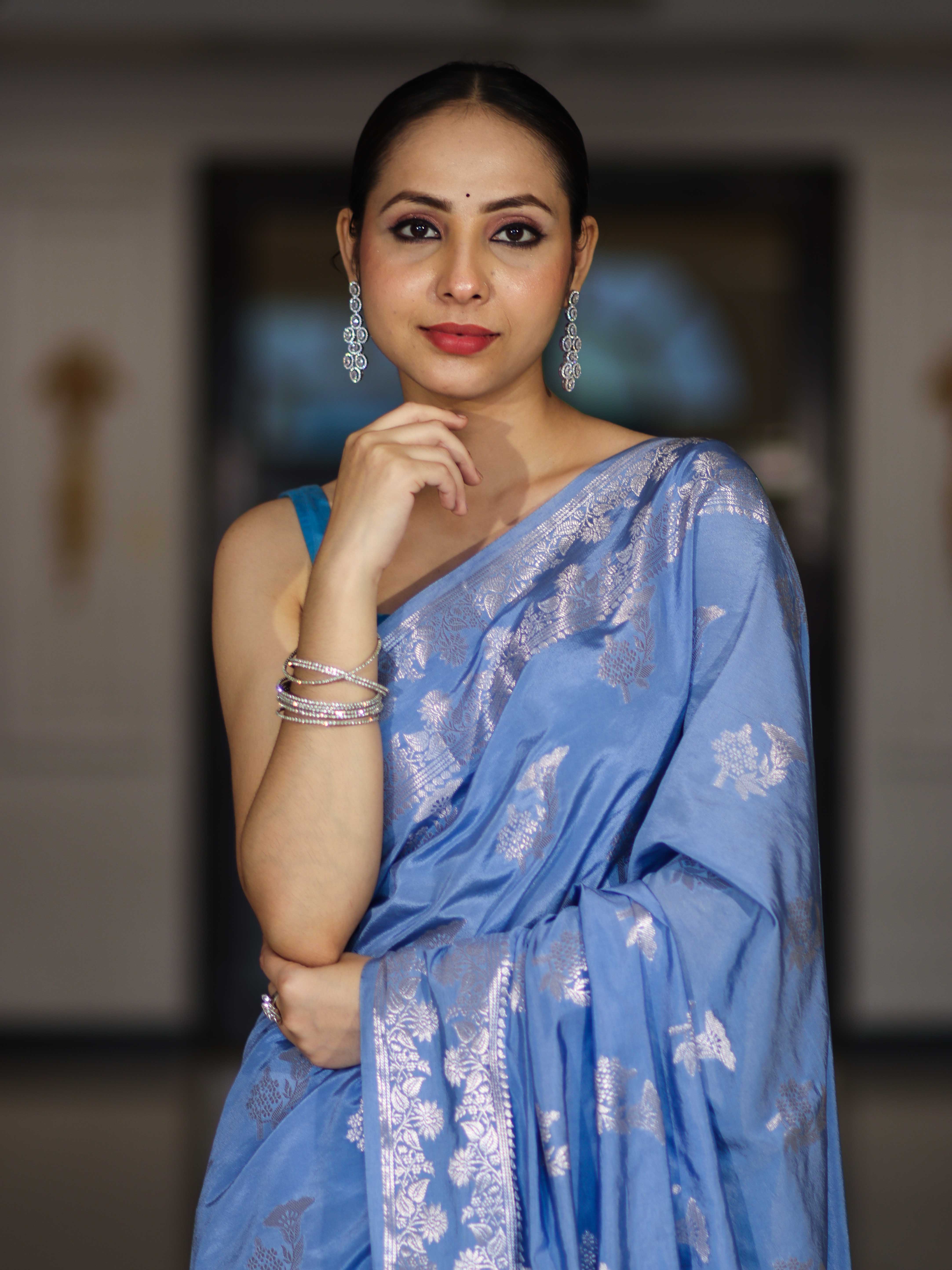 Banarasee Handloom Soft Silk Saree With Zari Buta Work & Border-Powder Blue
