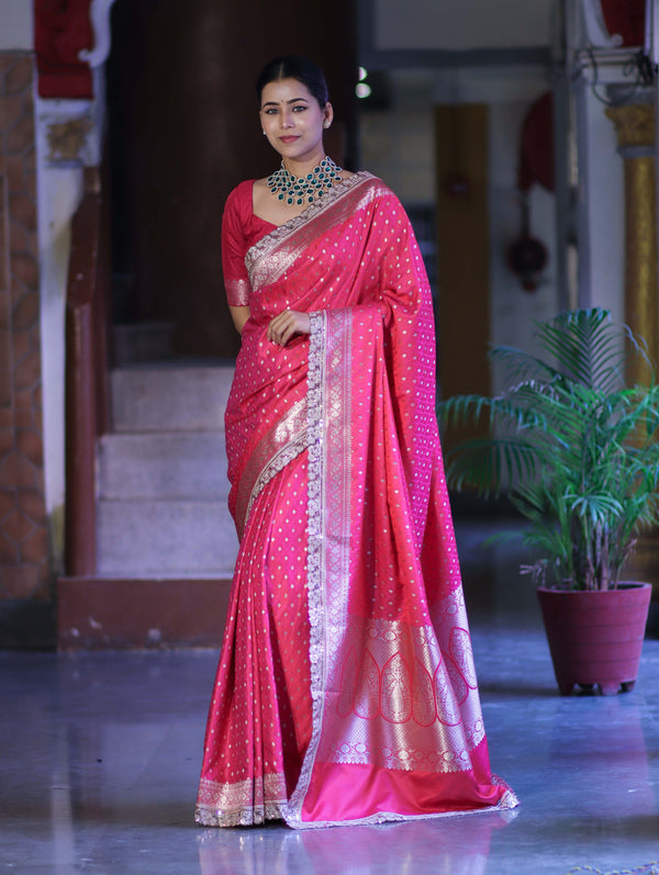 Banarasee Handloom Mashru Silk Saree With Zari Buti Design & Lace Border-Fuchsia Pink