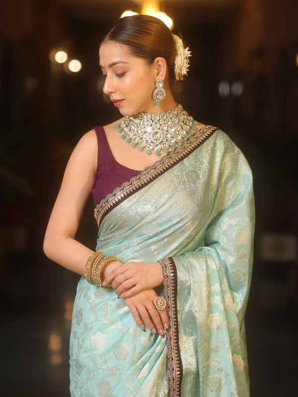 Banarasee Handwoven Georgette Saree Zari Jaal Design With Contrast Lace-Light Blue