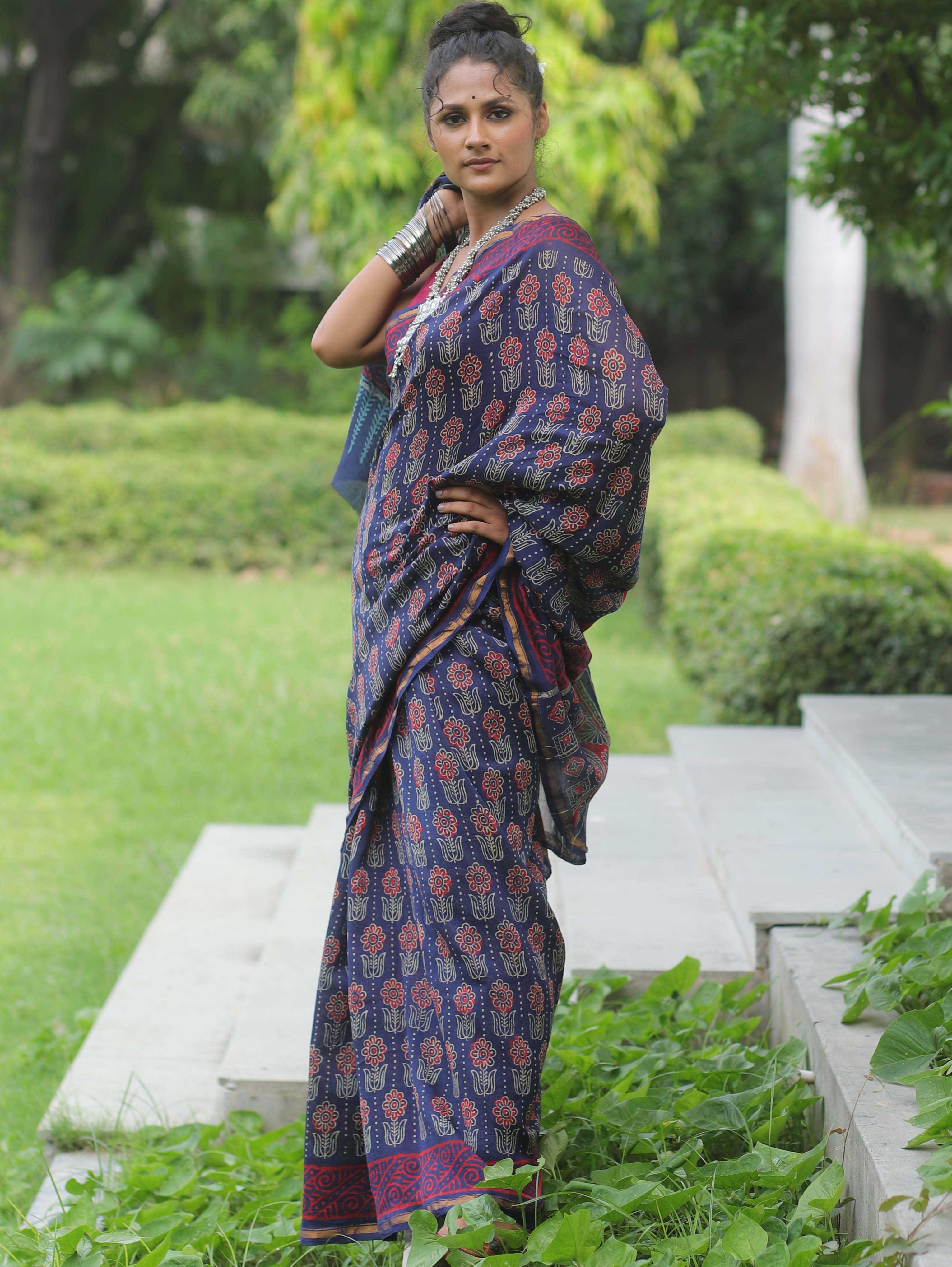 Banarasee Handloom Chanderi Bagru Block Printed Saree-Blue