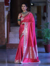 Banarasee Handloom Mashru Silk Saree With Zari Buti Design & Lace Border-Fuchsia Pink