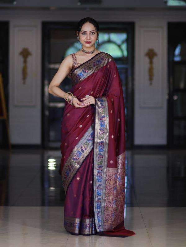 Banarasee Dual Tone Semi Silk Saree With Buti Design & Contrast Resham Border-Burgundy