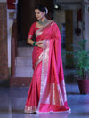 Banarasee Handloom Mashru Silk Saree With Zari Buti Design & Lace Border-Fuchsia Pink