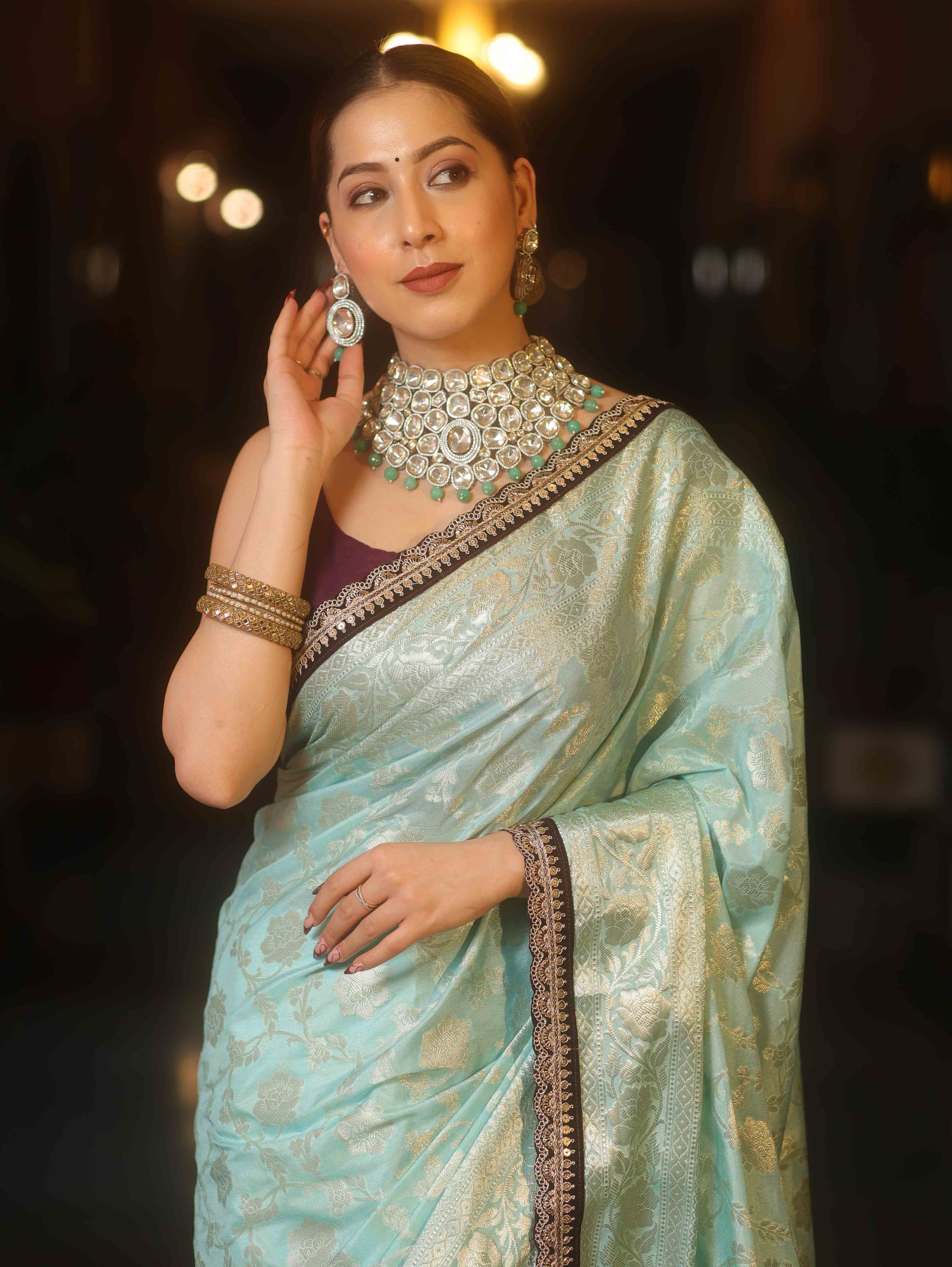 Banarasee Handwoven Georgette Saree Zari Jaal Design With Contrast Lace-Light Blue