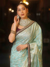 Banarasee Handwoven Georgette Saree Zari Jaal Design With Contrast Lace-Light Blue