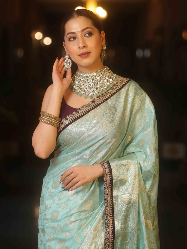 Banarasee Handwoven Georgette Saree Zari Jaal Design With Contrast Lace-Light Blue