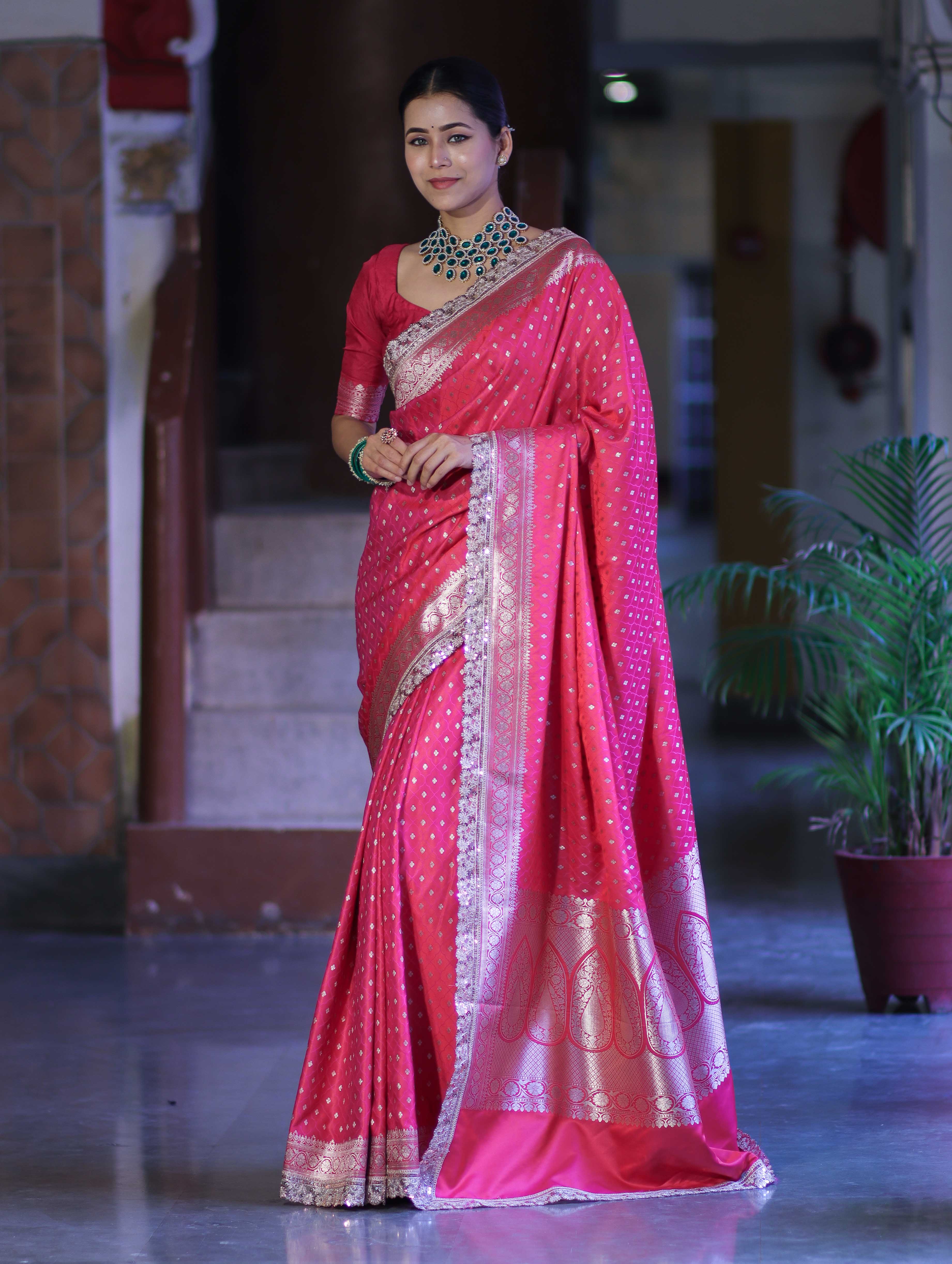 Banarasee Handloom Mashru Silk Saree With Zari Buti Design & Lace Border-Fuchsia Pink