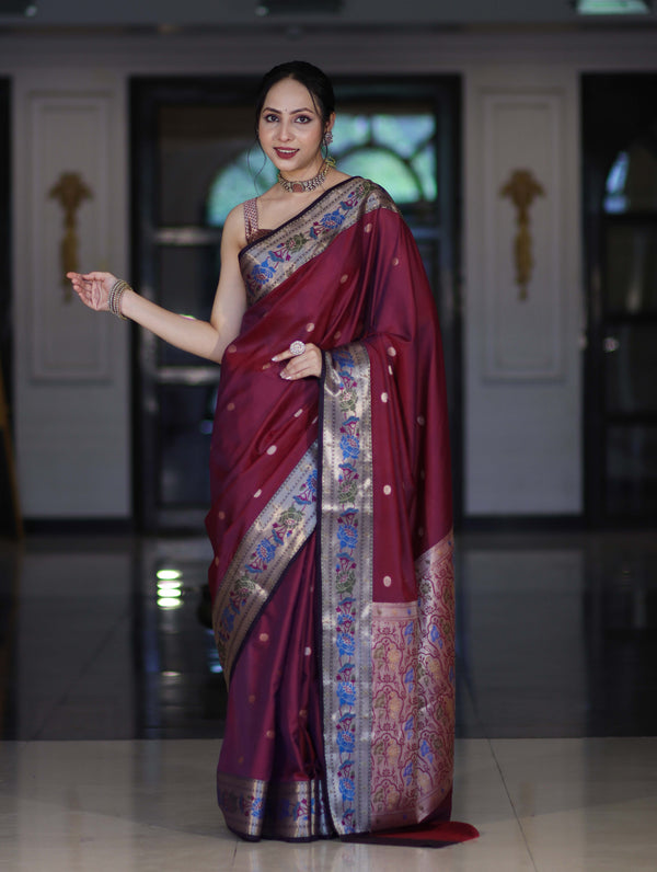 Banarasee Dual Tone Semi Silk Saree With Buti Design & Contrast Resham Border-Burgundy