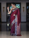 Banarasee Dual Tone Semi Silk Saree With Buti Design & Contrast Resham Border-Burgundy