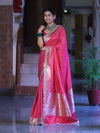 Banarasee Handloom Mashru Silk Saree With Zari Buti Design & Lace Border-Fuchsia Pink