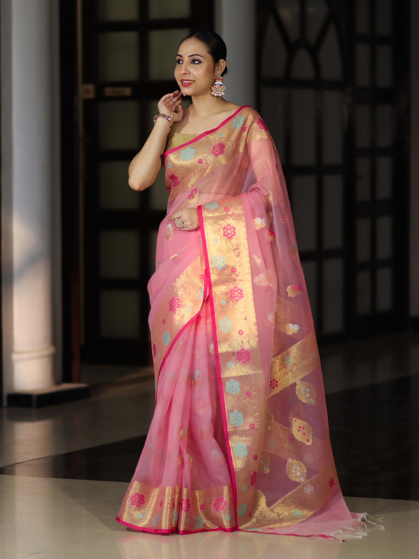 Banarasee Handloom Organza Mix Saree With Resham & Zari Work-Light Pink