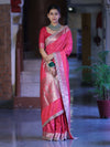 Banarasee Handloom Mashru Silk Saree With Zari Buti Design & Lace Border-Fuchsia Pink