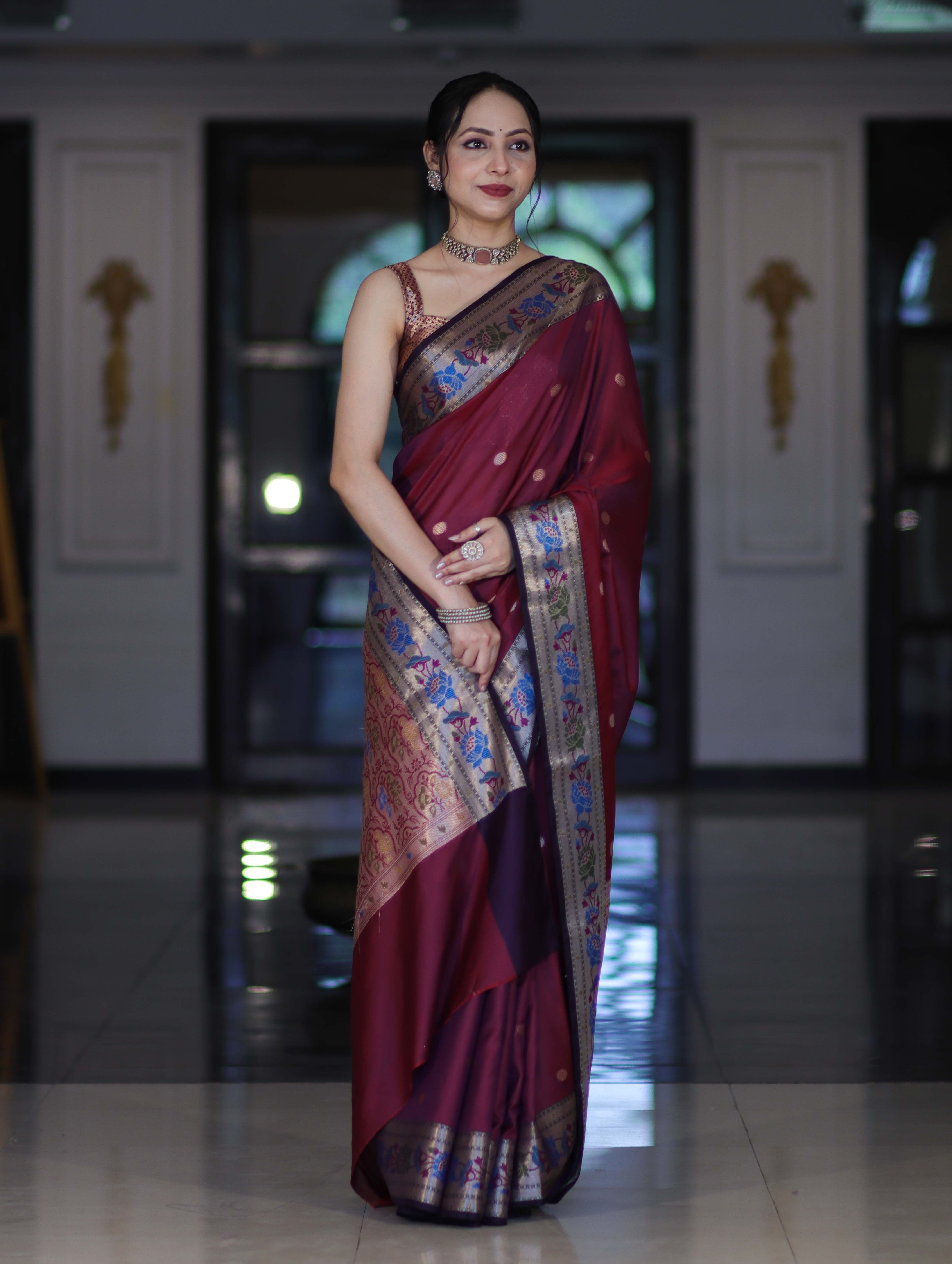 Banarasee Dual Tone Semi Silk Saree With Buti Design & Contrast Resham Border-Burgundy