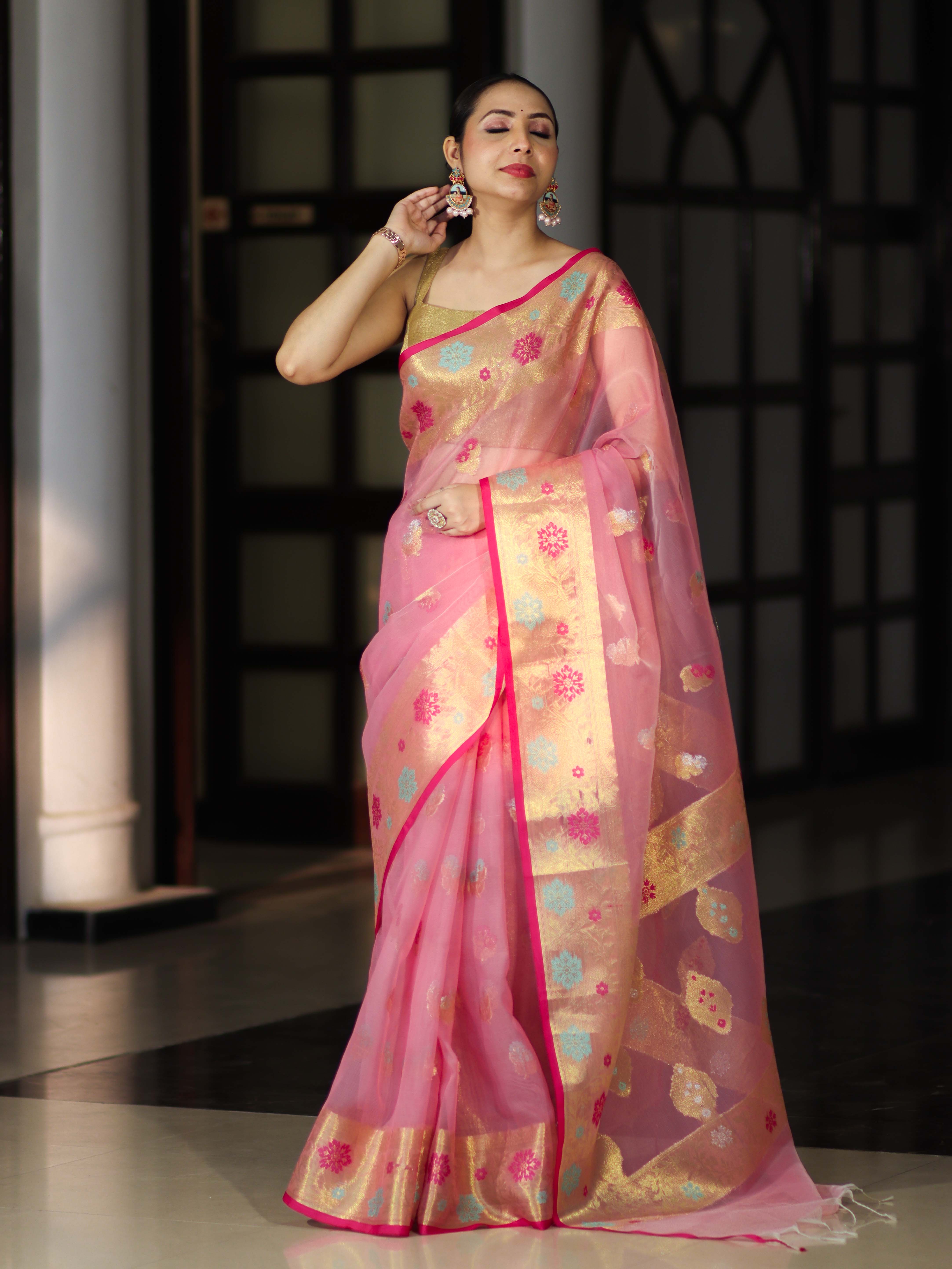 Banarasee Handloom Organza Mix Saree With Resham & Zari Work-Light Pink