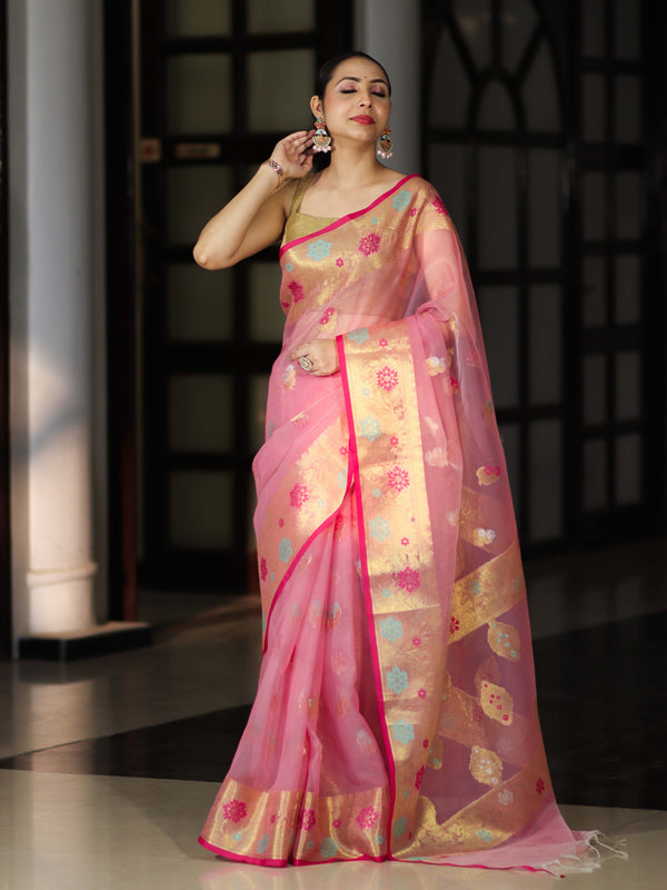 Banarasee Handloom Organza Mix Saree With Resham & Zari Work-Light Pink