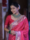 Banarasee Handloom Mashru Silk Saree With Zari Buti Design & Lace Border-Fuchsia Pink
