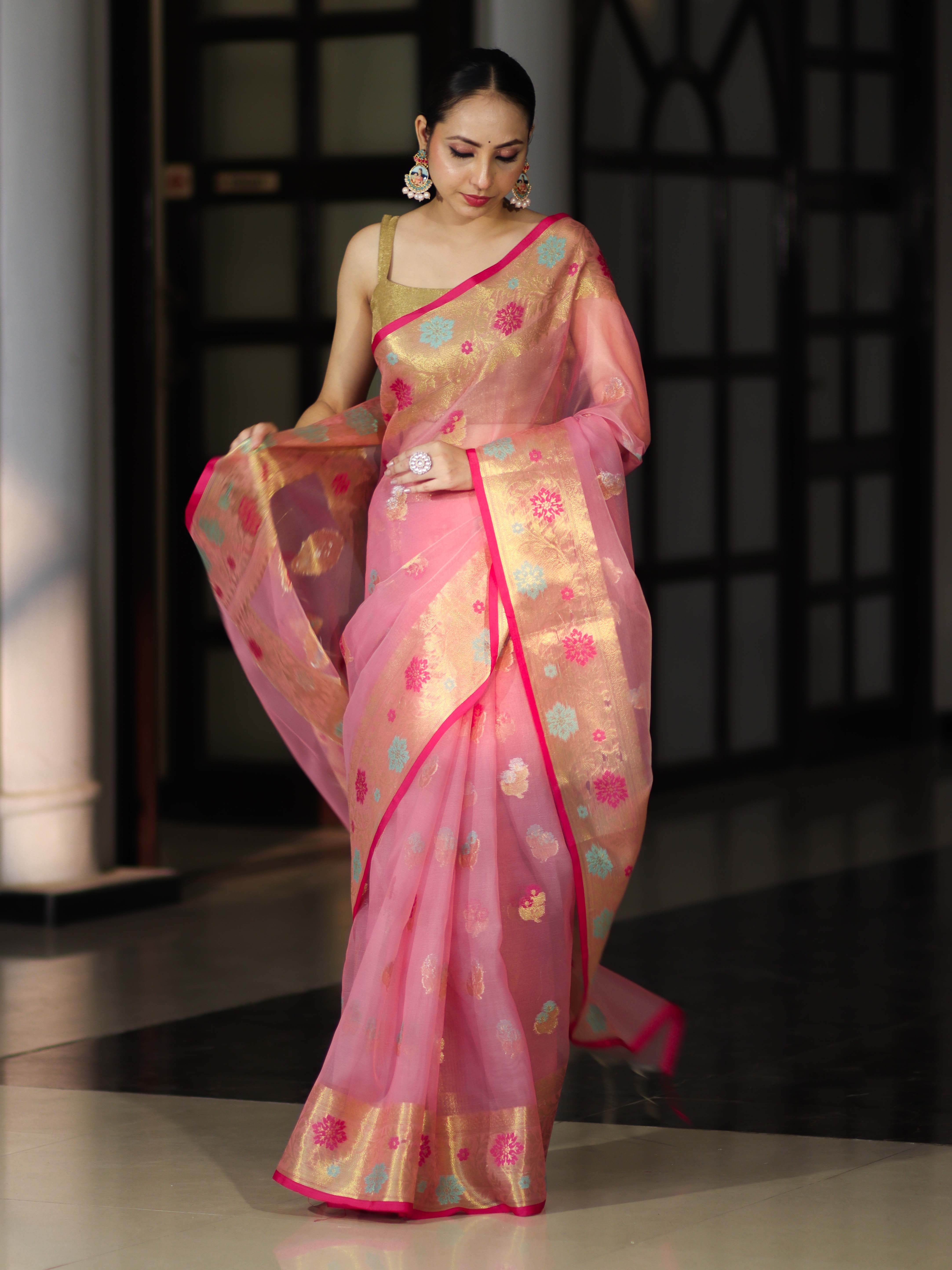 Banarasee Handloom Organza Mix Saree With Resham & Zari Work-Light Pink