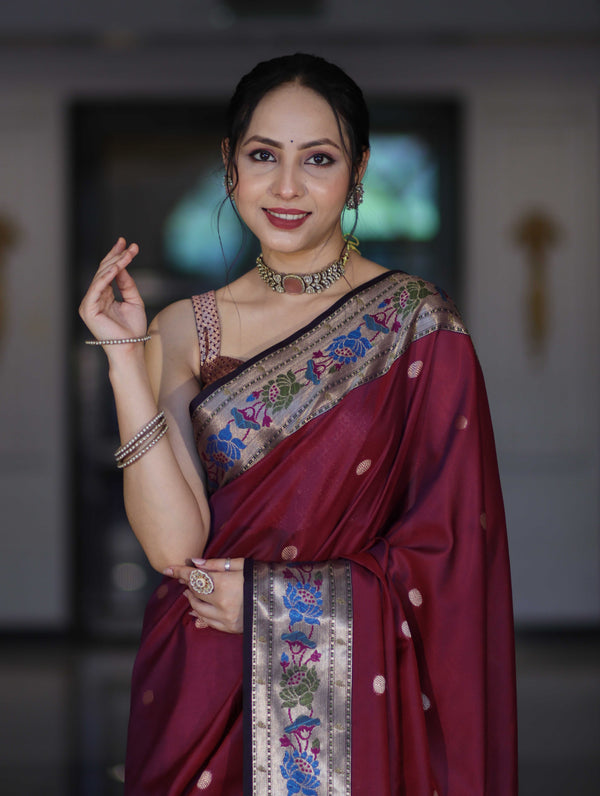 Banarasee Dual Tone Semi Silk Saree With Buti Design & Contrast Resham Border-Burgundy
