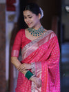Banarasee Handloom Mashru Silk Saree With Zari Buti Design & Lace Border-Fuchsia Pink