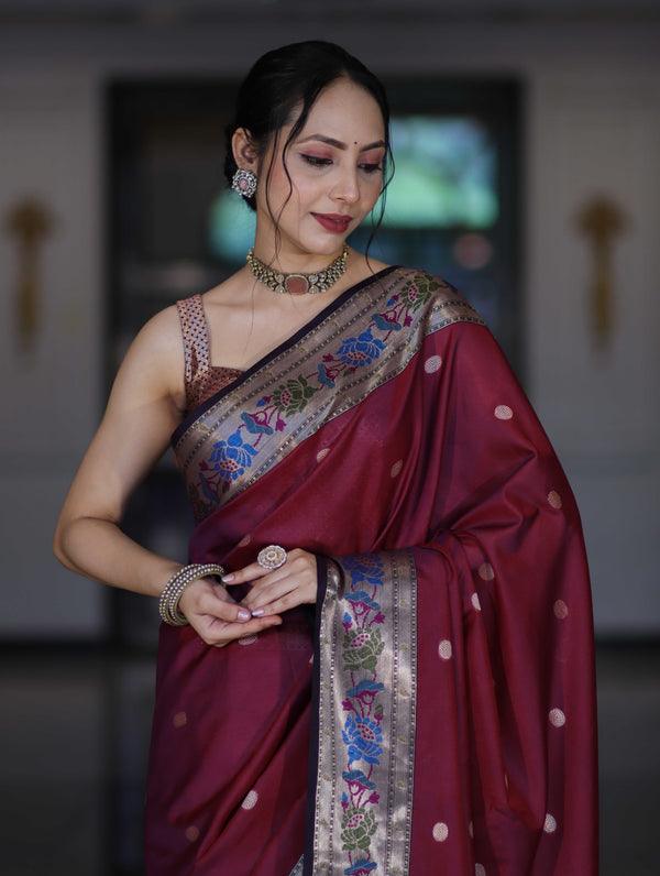 Banarasee Dual Tone Semi Silk Saree With Buti Design & Contrast Resham Border-Burgundy