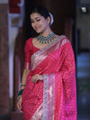 Banarasee Handloom Mashru Silk Saree With Zari Buti Design & Lace Border-Fuchsia Pink