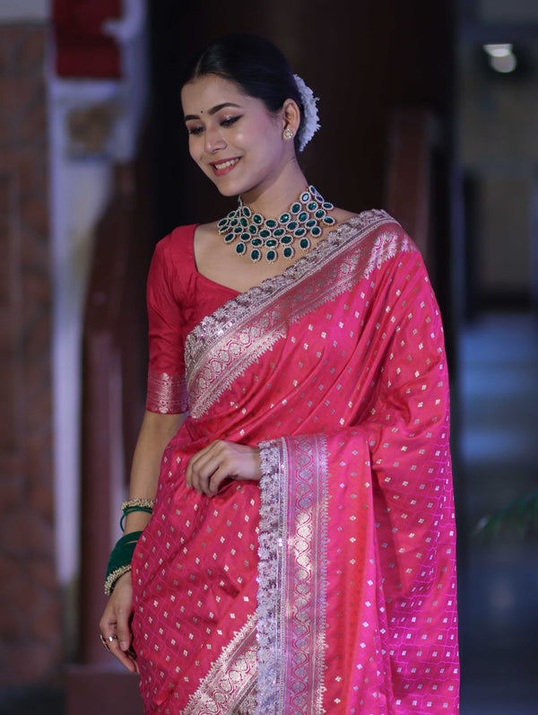 Banarasee Handloom Mashru Silk Saree With Zari Buti Design & Lace Border-Fuchsia Pink
