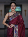 Banarasee Dual Tone Semi Silk Saree With Buti Design & Contrast Resham Border-Burgundy