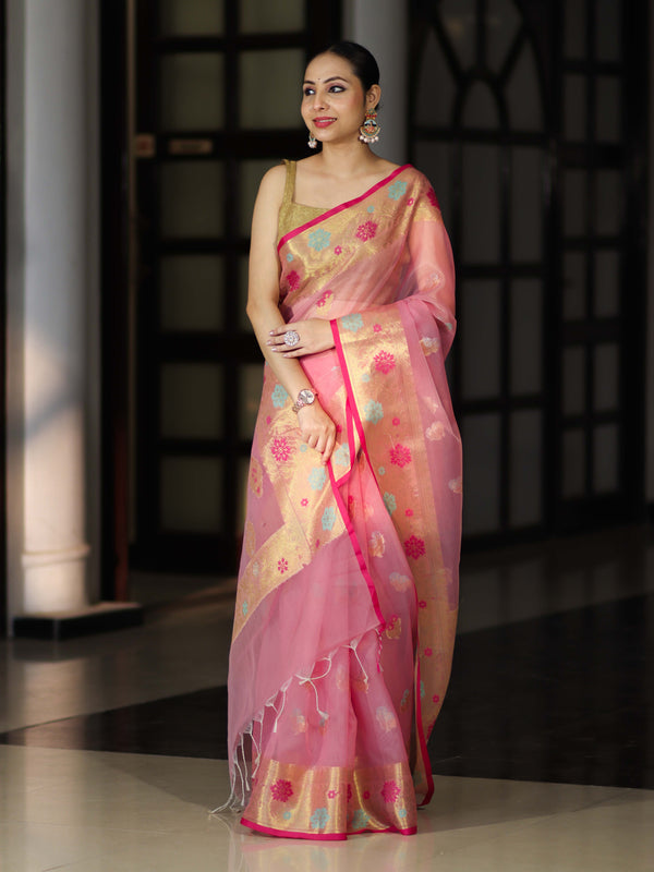 Banarasee Handloom Organza Mix Saree With Resham & Zari Work-Light Pink